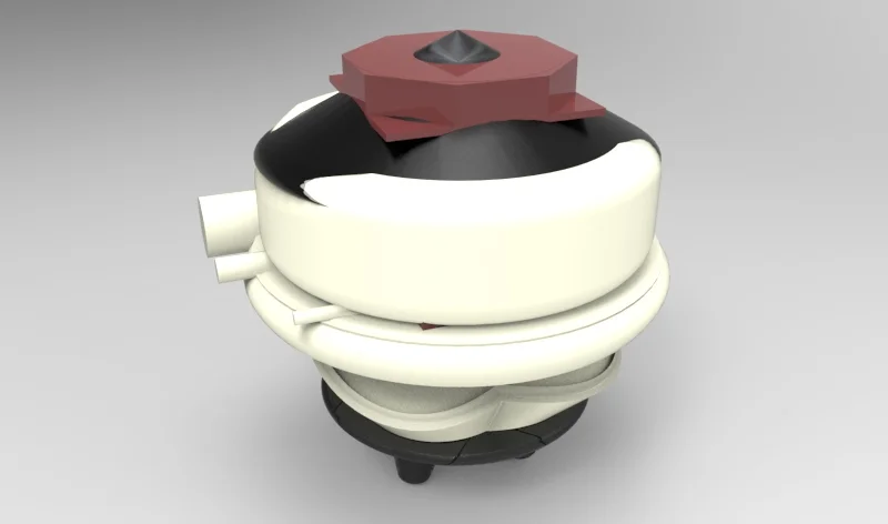 A 3D model of a stylized turtle with a black head, white shell, and a pinkish-brown hat.