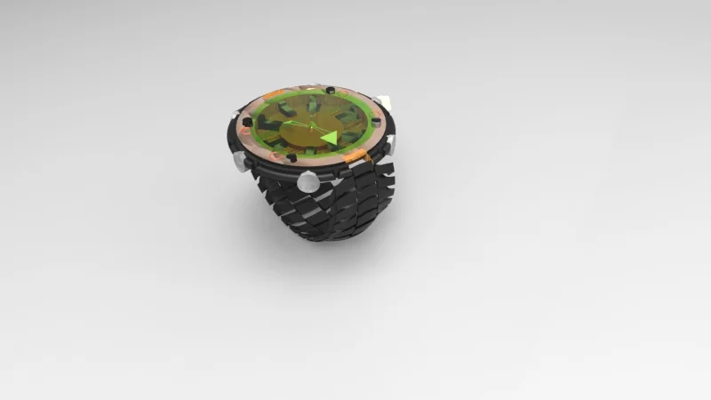 Digital rendering of a futuristic wristwatch with a black strap and a green, holographic display on a plain white background.