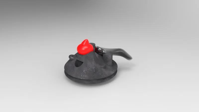 Black rubber duck with a red poop and a telescope on a gray background.
