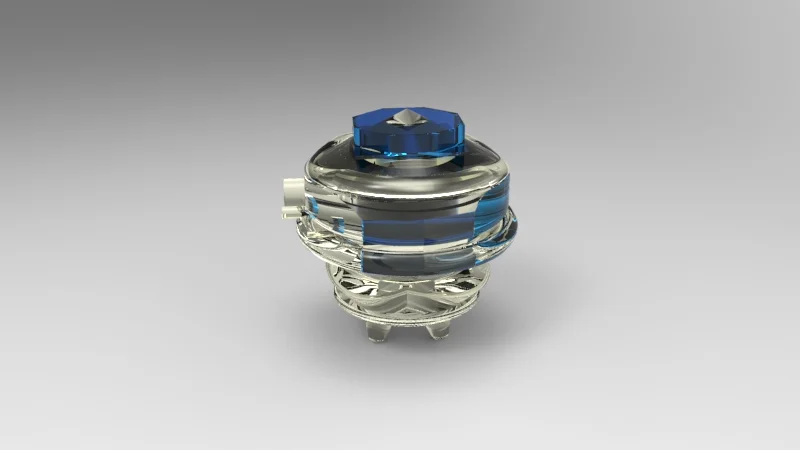 A decorative glass or crystal perfume bottle with silver accents and a blue gemstone-like cap, set against a plain gray background.