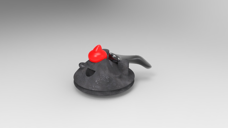 A black rock climbing holds with a red plastic clown nose on top and a black handle attached.