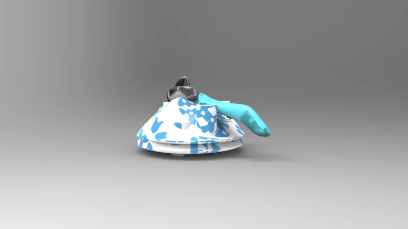 A 3D rendering of a crumpled blue and white patterned disposable face mask on a gray background.