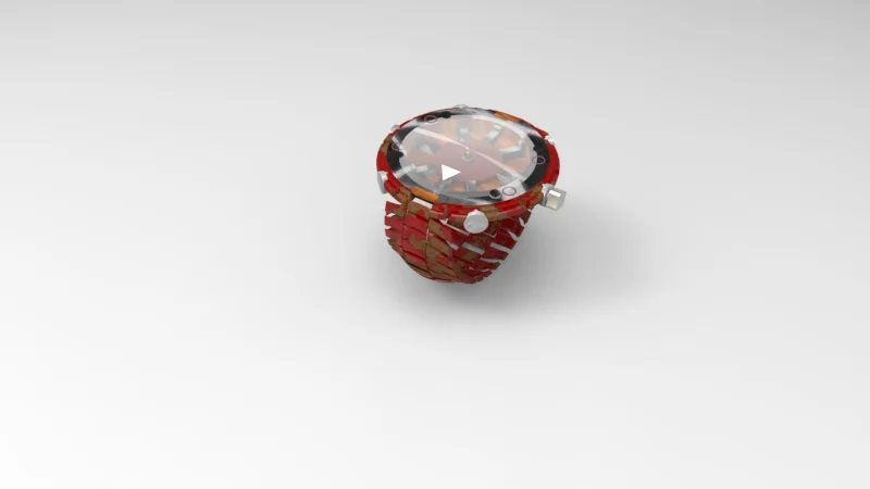 A digital rendering of a smartwatch with a red band, displaying the time on its round face against a plain white background.