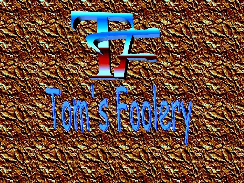 A colorful, stylized logo for Tom's Foodelry with textured brown background.