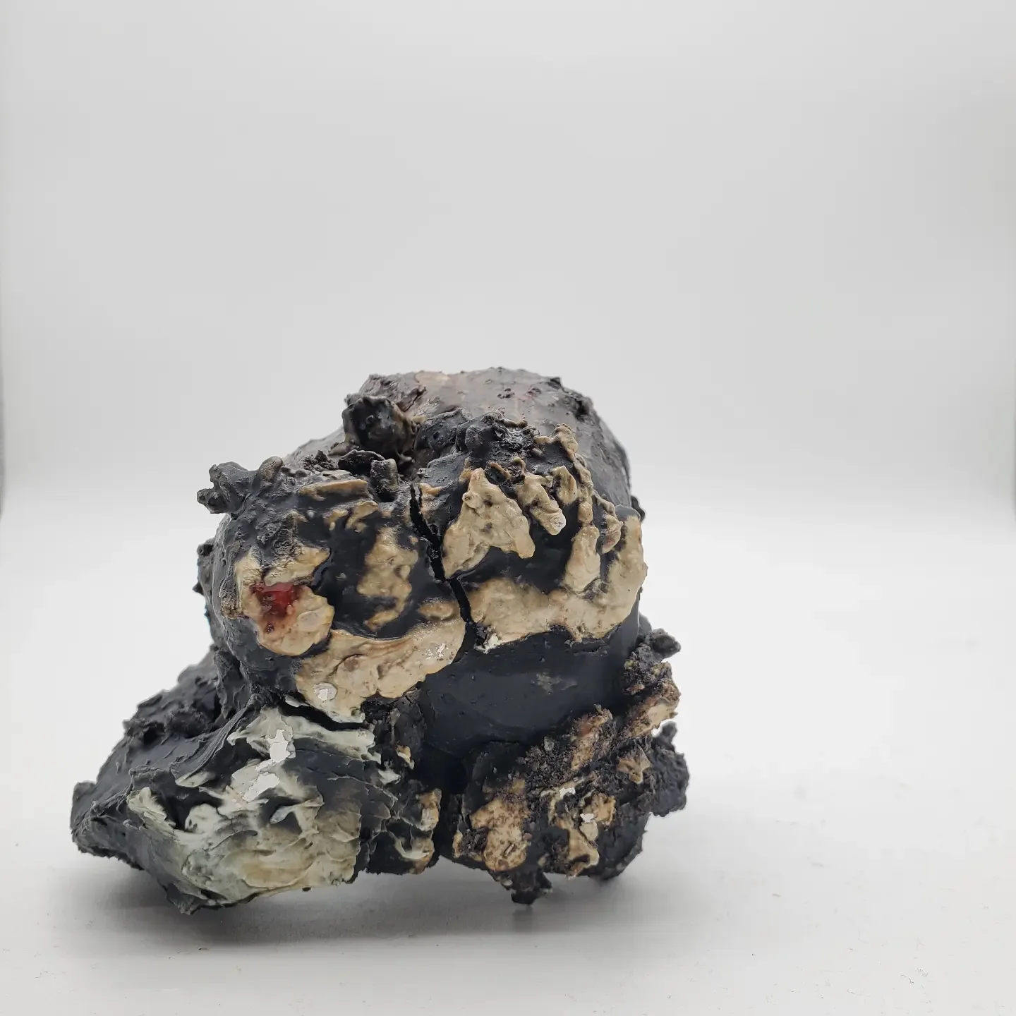 A close-up of a lumpy, irregular-shaped object with black, gray, and white patches, set against a plain white background.