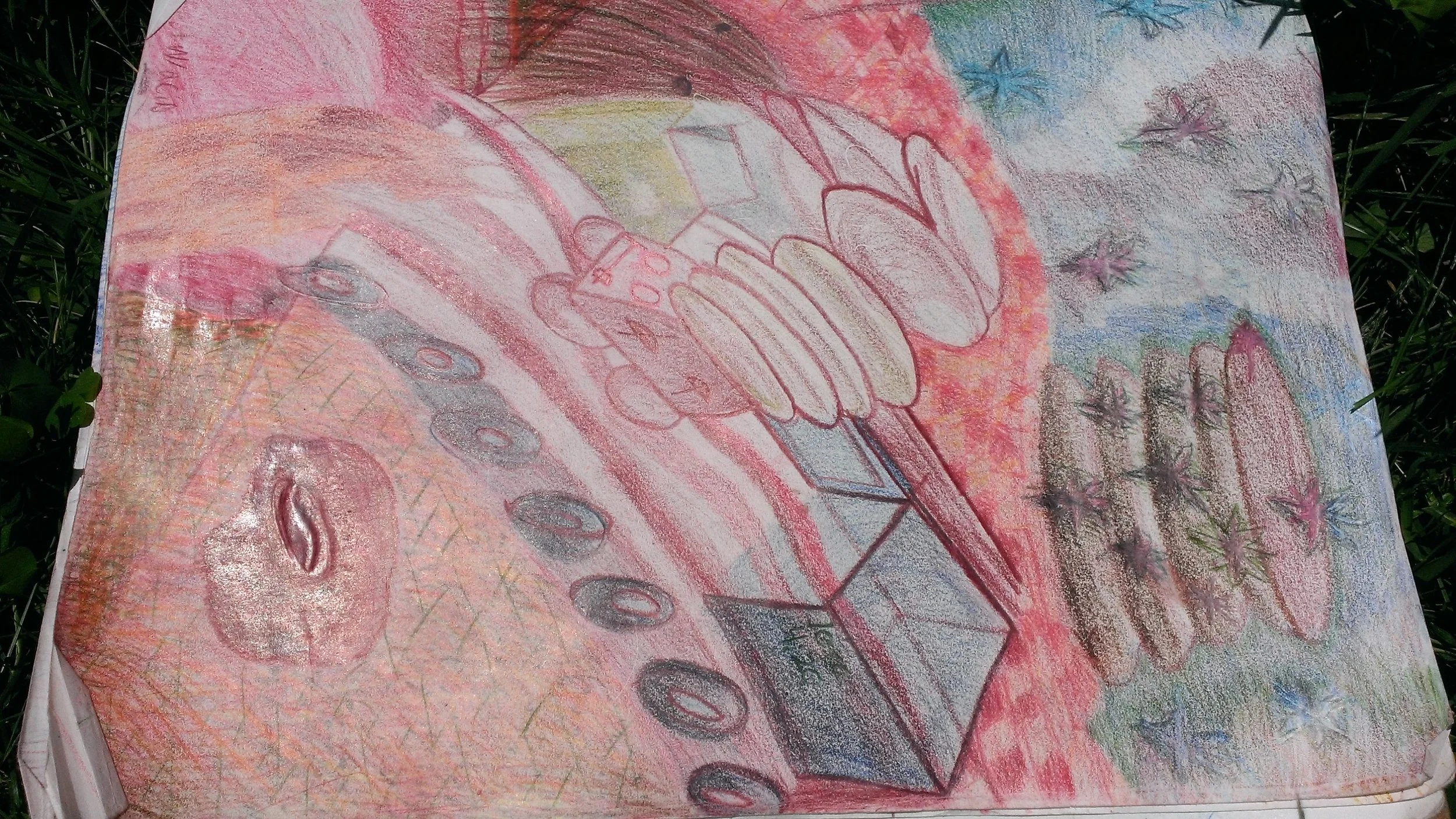 Colorful crayon drawing of a birthday cake with candles, surrounded by stars and decorations.