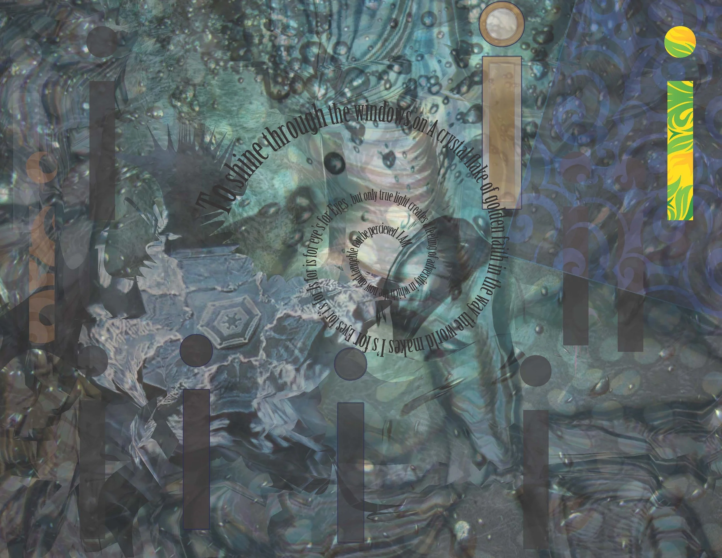 A complex abstract digital artwork with overlapping textures and patterns, featuring Greek key designs, swirling text, and stylized colorful elements.