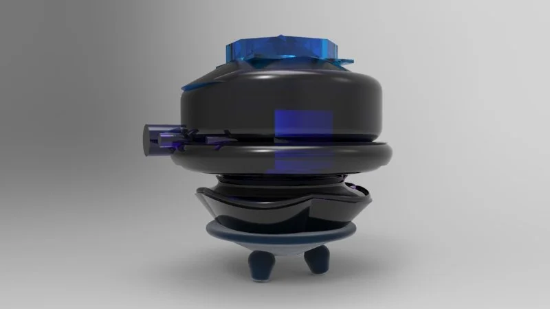 A futuristic, robot-like device with multiple rounded, stacked black components and blue accents, standing on three small legs against a plain gray background.