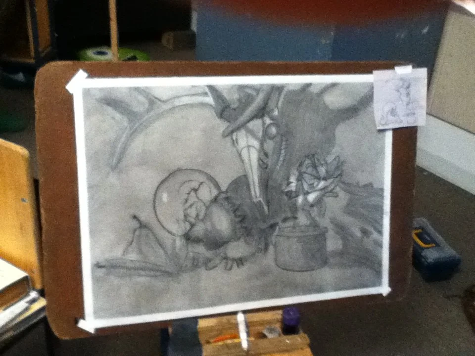 A grayscale sketch of a religious scene featuring a figure with a halo, possibly Jesus, praying or meditating under a tree, accompanied by a dog, with a large moon or halo in the background.