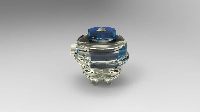 A decorative glass or crystal perfume bottle with a blue cap.