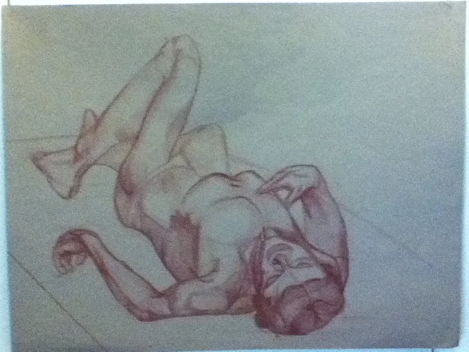 A realistic sketch of a reclining baby on its side with crossed legs, drawn with colored pencils or pastels.