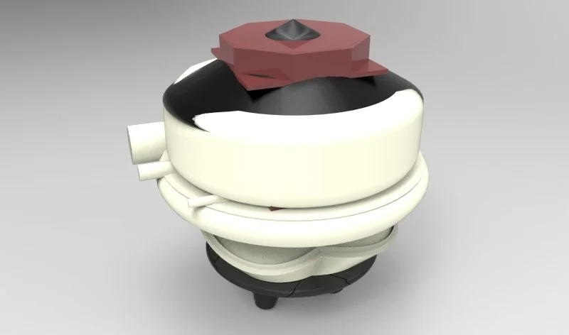 3D model of a futuristic robot with a round body, white and black color schemes, and a red object on top.