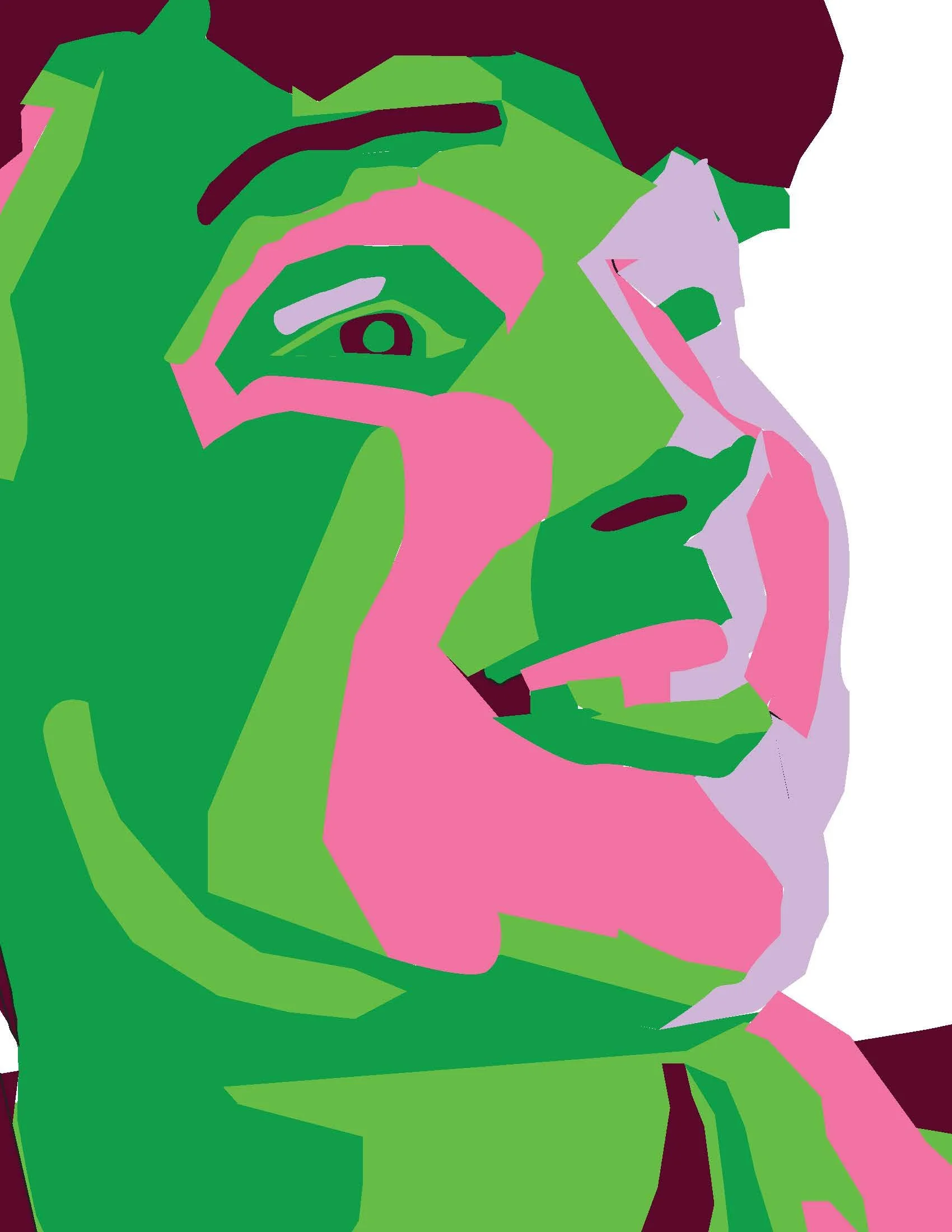 Colorful digital illustration of a woman's face in profile made of geometric shapes in green, pink, purple, and dark red, with her hand resting on her forehead and her mouth slightly open.