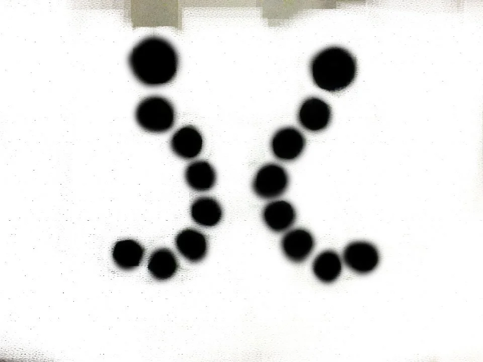 Black ink blots on paper forming the shape of the letter 'V'.