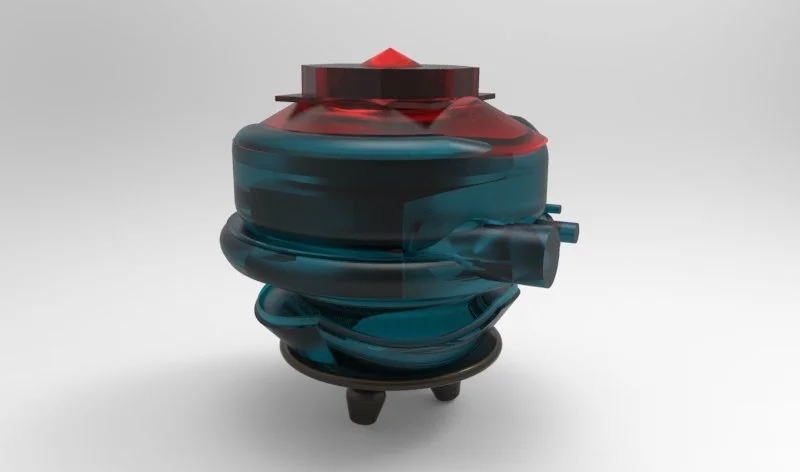 A futuristic, abstract sculpture with a swirling, layered structure in blue and red colors, set against a plain gray background.