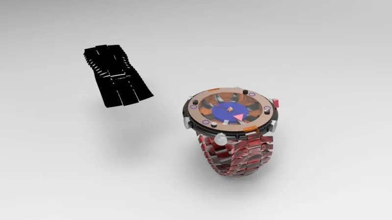 A wristwatch with a metal band and large watch face, floating above a white surface, with a small black object nearby.