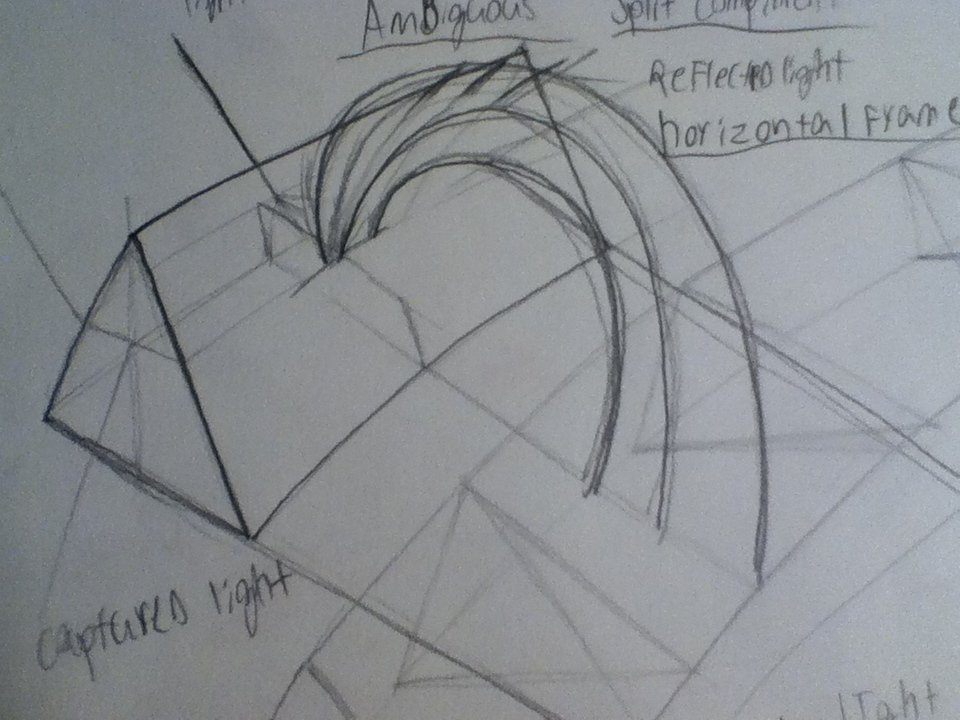 Sketch of a 3D architectural structure with labeled elements including extraordinary light, ambigious shape, split component, reflected right, horizontal frame, and captured light, drawn with pencil on paper.