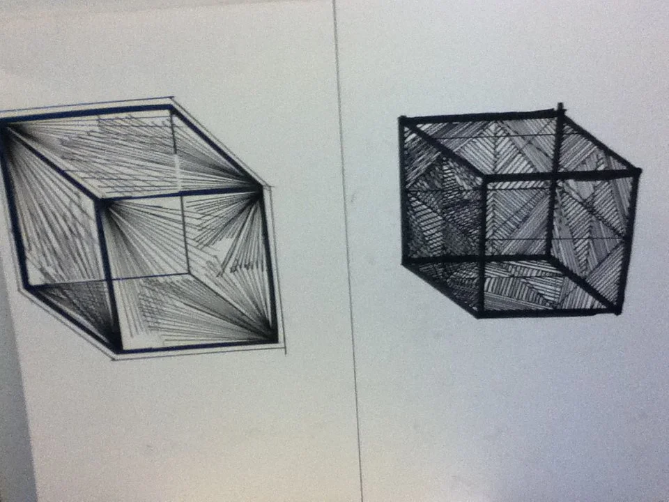 Two illustrations of 3D wireframe cubes with intricate line patterns inside, one on the left and one on the right.