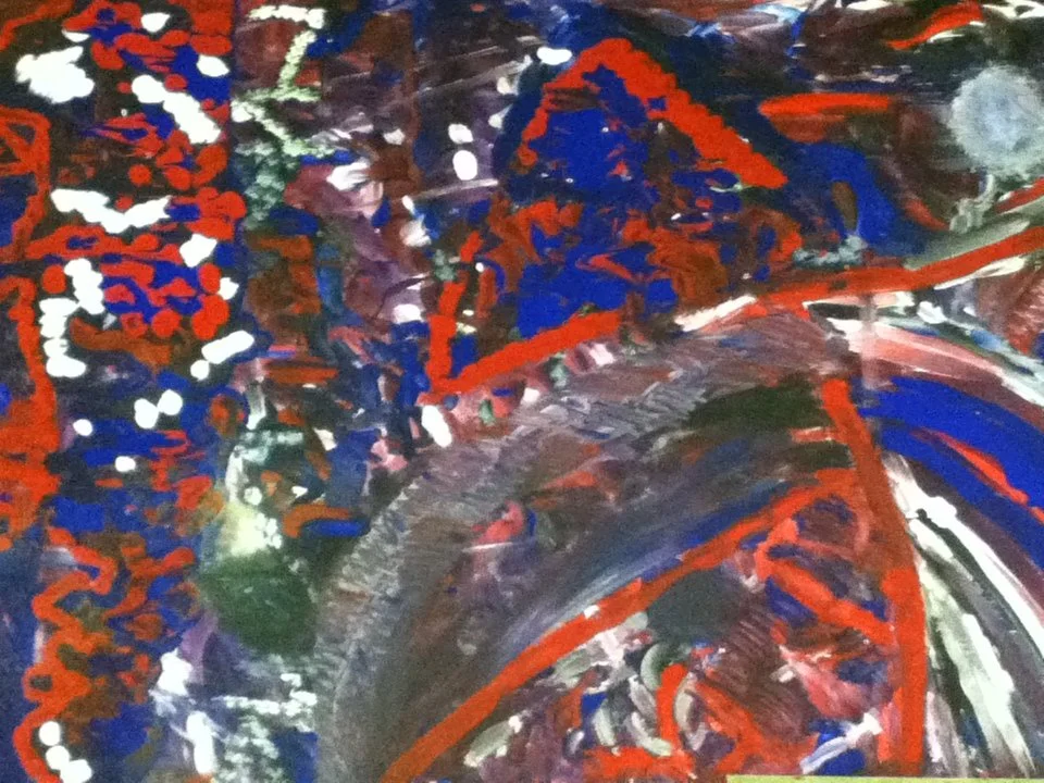 An abstract painting with swirling strokes of dark colors, accented with red, blue, white, and hints of green.