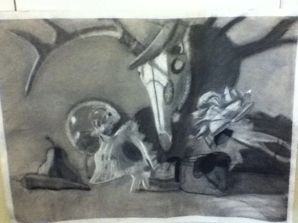 A black and white sketch of a cluttered workspace with various tools, a laptop, and metal objects.