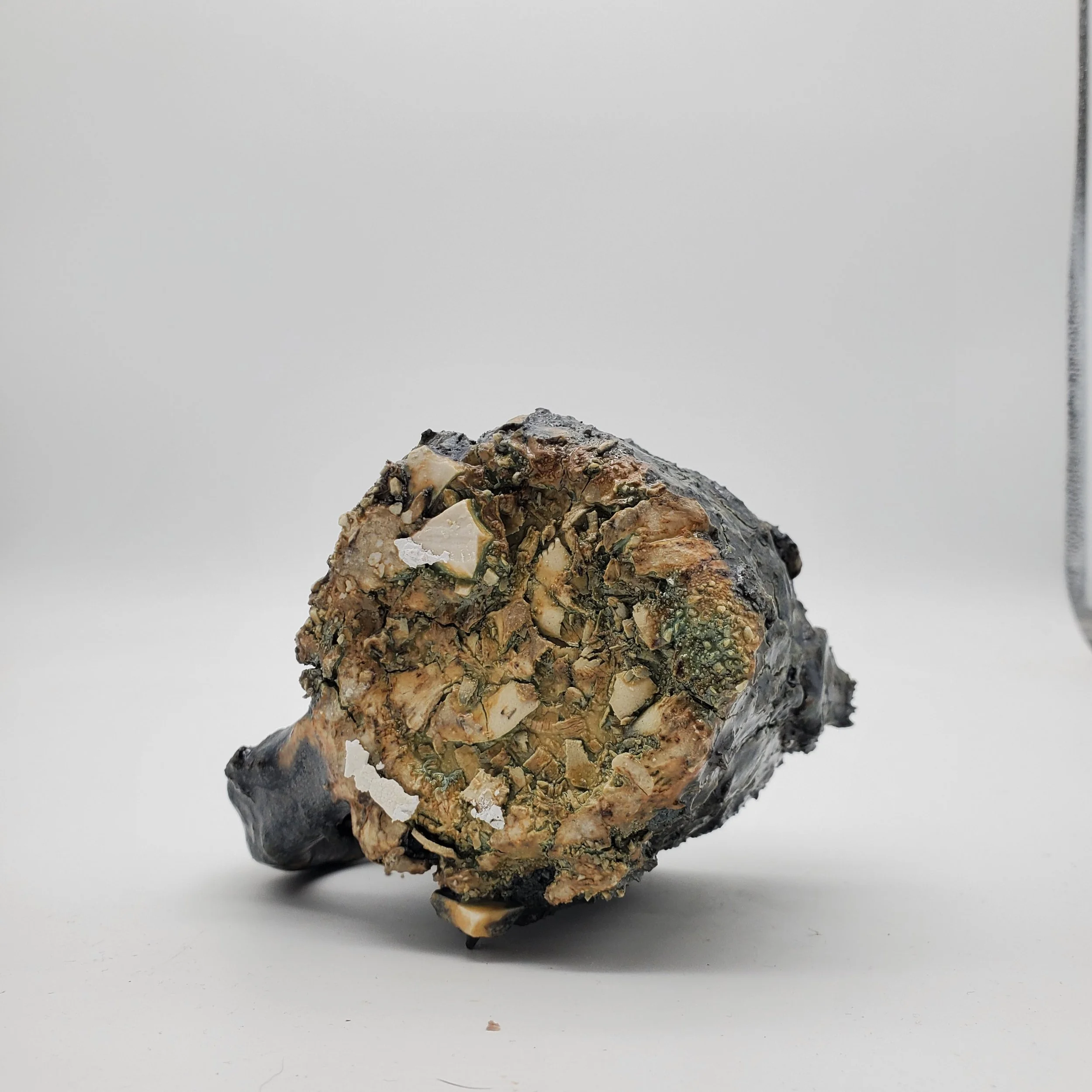 Close-up of a rock with layered minerals and rough texture on a plain white background.