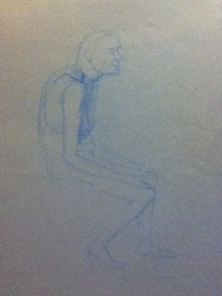 A pencil sketch of a seated young man in profile view, wearing glasses, with his arms resting on his lap.