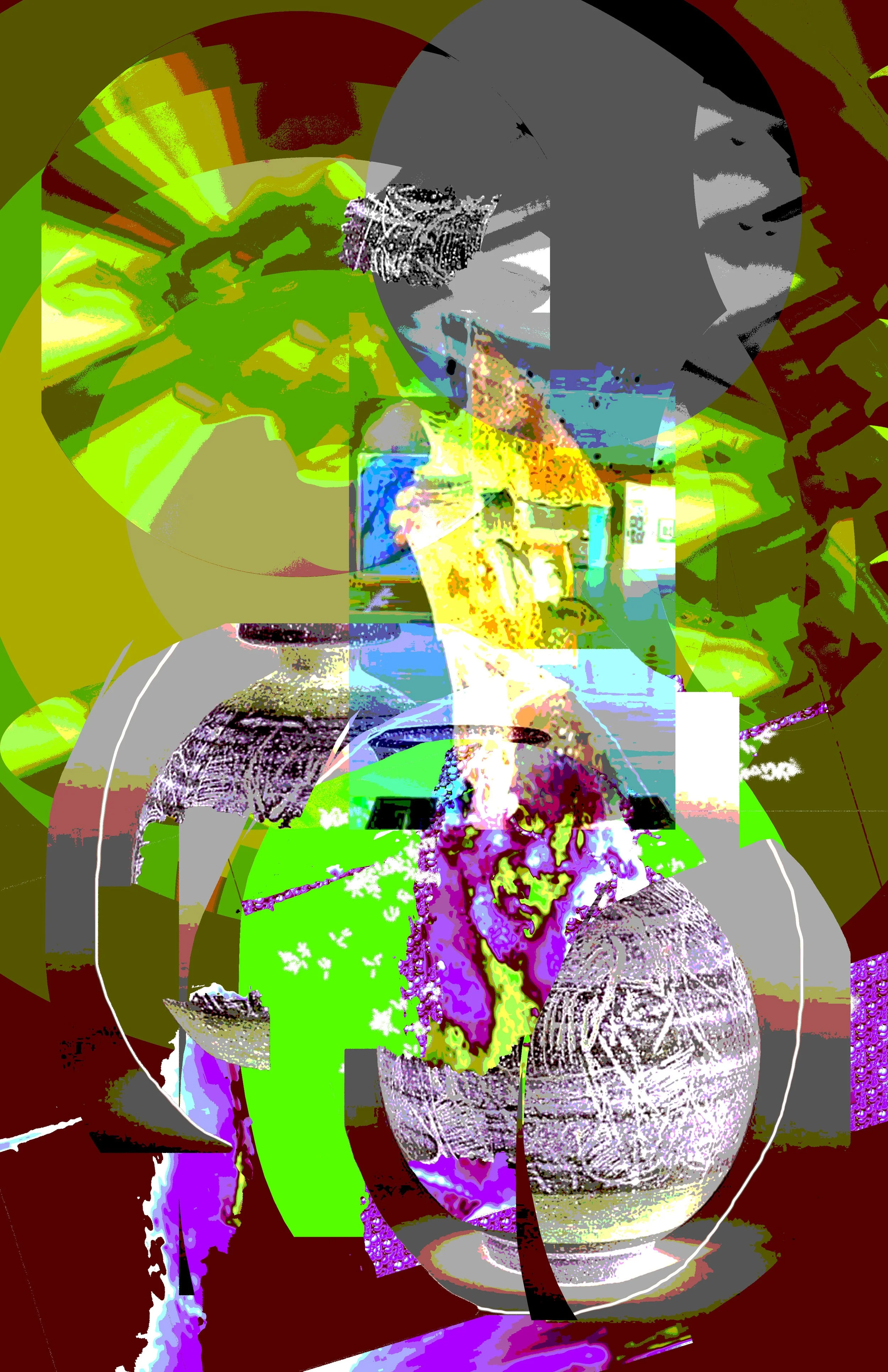 Abstract, colorful, and distorted digital art with overlapping shapes and images, including a glass bowl with what appears to be a face inside, and various abstract lines and patterns.