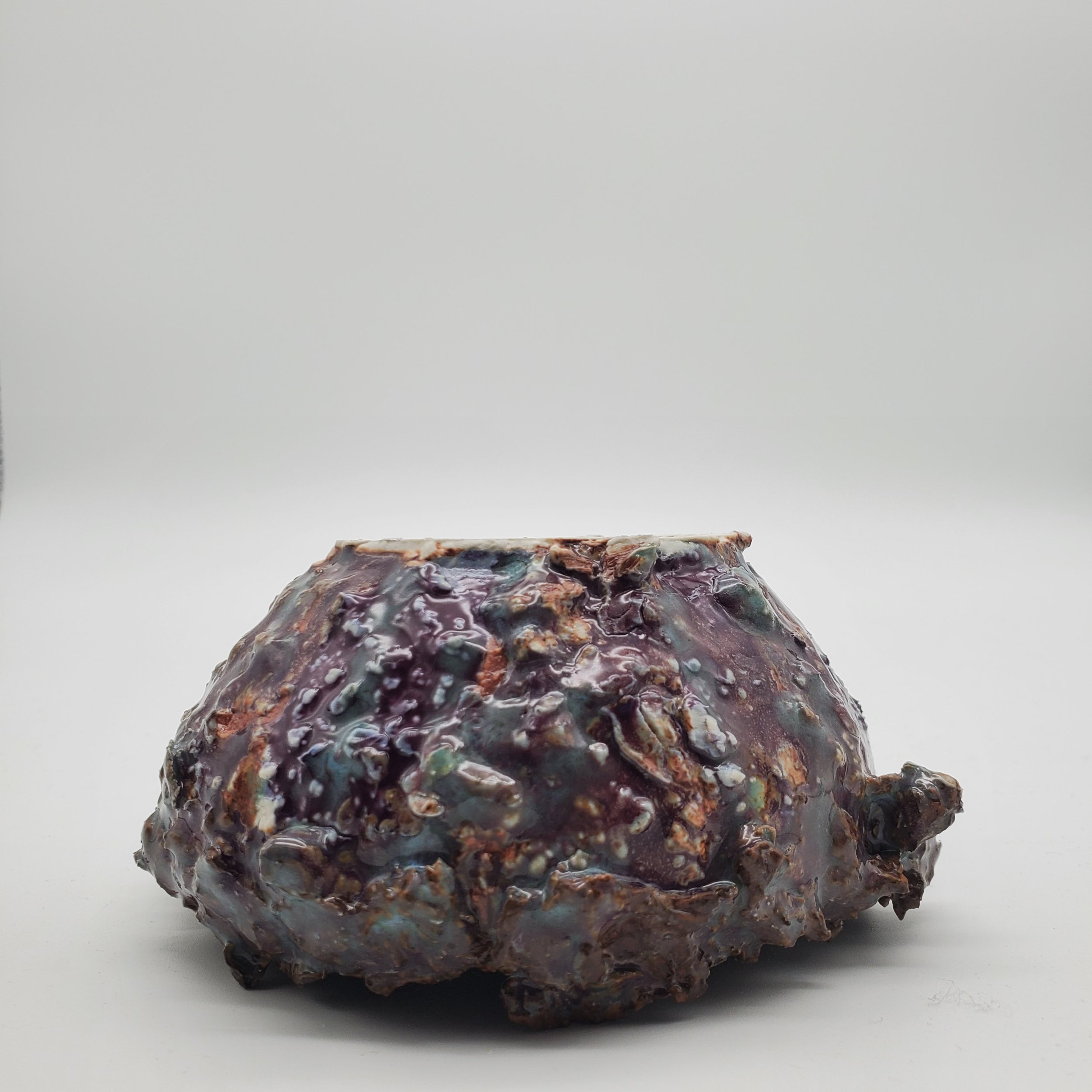 A seashell with a rough, textured surface and dark, iridescent colors, placed on a white background.