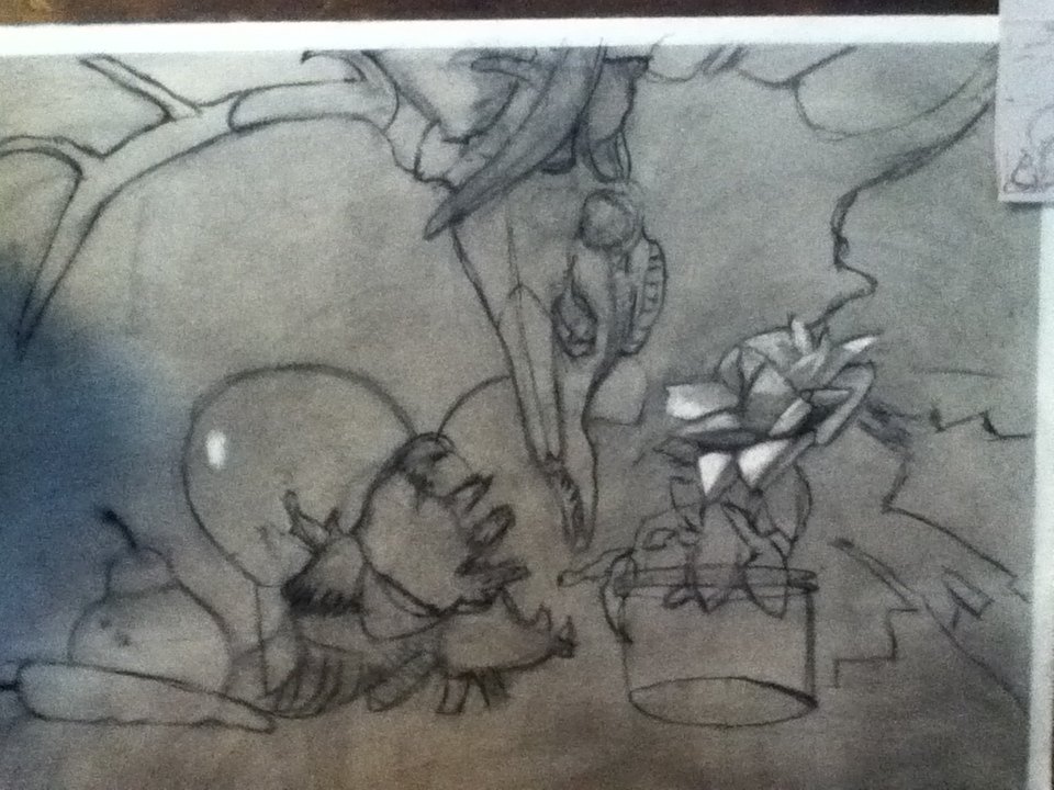 Sketch of a scene with a large skull, a fish, a person sitting on a flat surface, and a potted plant with flowers.