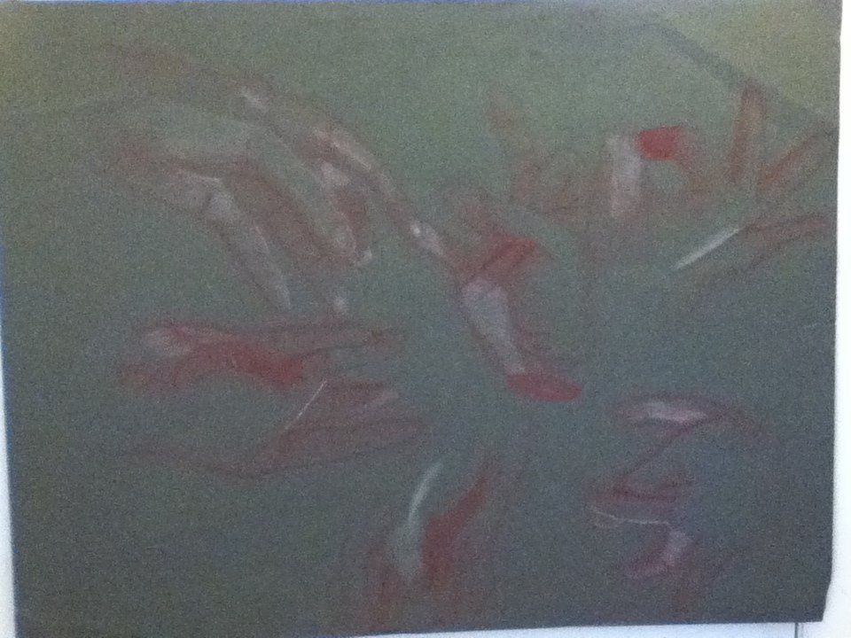 Abstract drawing of a dragon on a dark background with red, white, and gray colors.