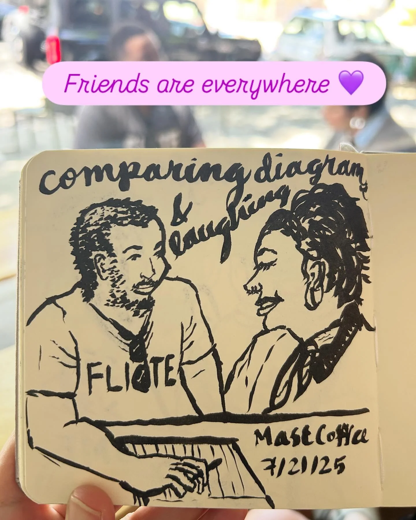 When I shared the first sketch with the people in it @mastcoffeeco, the man said, &ldquo;That&rsquo;s fire!&rdquo; And we exchanged names. The other said she has been wanting to keep a sketchbook, and I told her to go for it! One of the sweeter thing