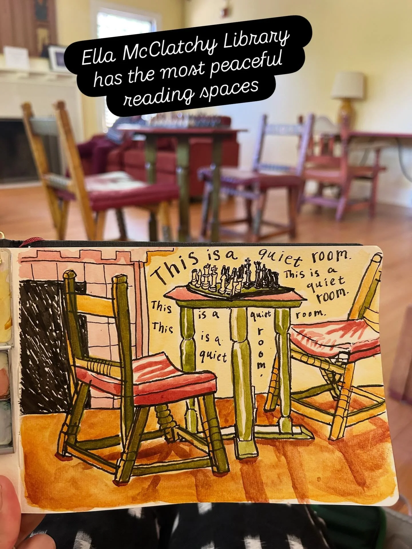 I&rsquo;ve been looking for free spaces to sketch because I spend so much time in cafes. The library is quietly revolutionary. I love the peacefulness of the Ella McClatchy Library&rsquo;s reading room. It feels like a living room away from home. 

A