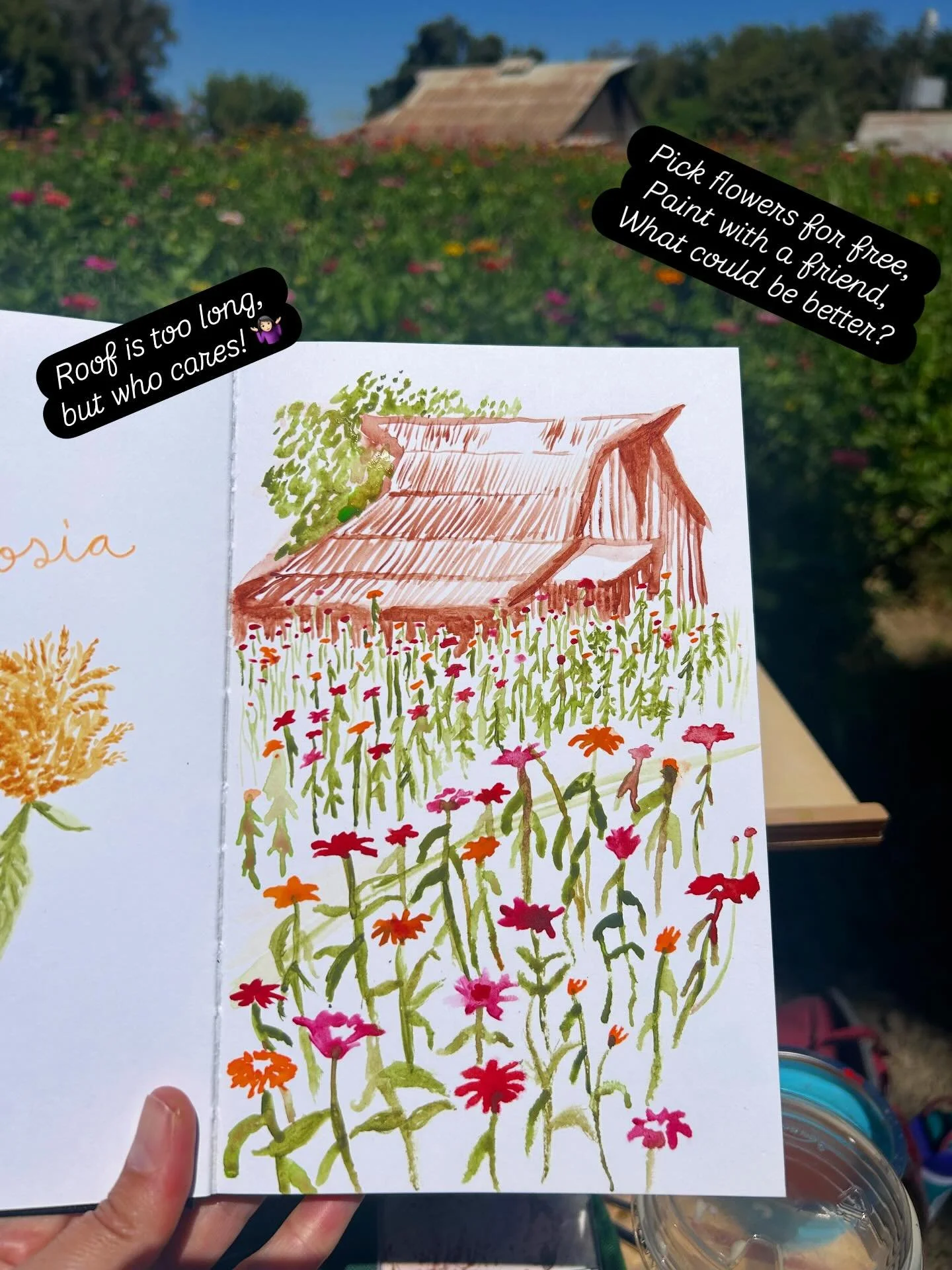 I had so much fun picking flowers for free (!) at a family farm near Woodland. My friend @caraemiliaart and I painted on location for about an hour before getting hot and picking our bouquets. I appreciate the generosity of @mezger_family_zinnia_patc