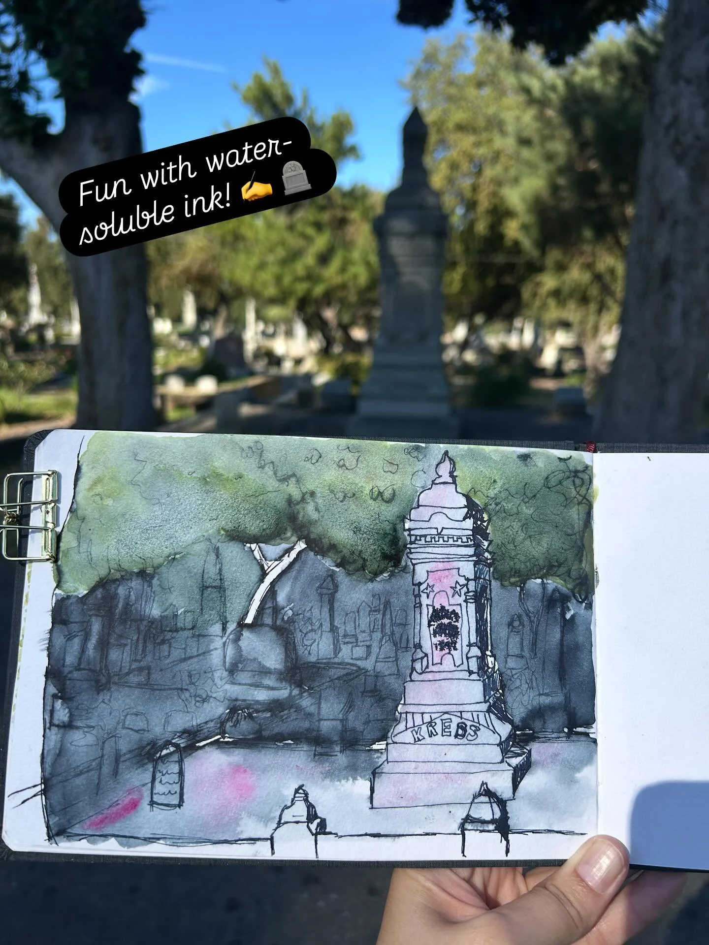 What a fun urban sketching meetup at the cemetery! 🪦 I enjoyed contemplating mortality and water-soluble inks. New materials keep me playful in beginner&rsquo;s mind. 👻 

Follow @urbansketcherssacramento for more meetups! 

#urbansketch #urbansketc