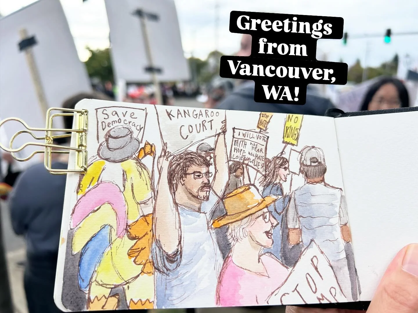 Fun inflatables at the No Kings protest in Vancouver, Washington! 🚫👑

#urbansketchers #urbansketchingprotest #inktober #inktober2025 #nokingsprotest