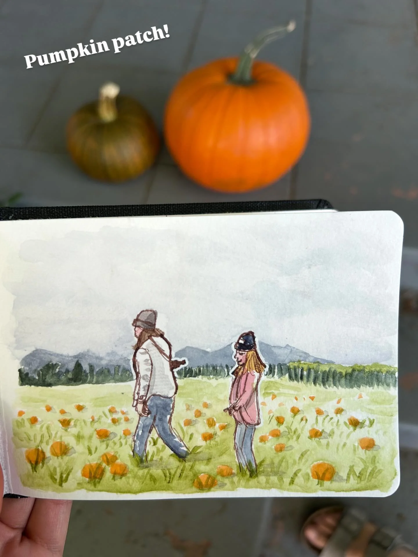 I drew a quick outline of a person while wandering around a pumpkin patch. It was hard to paint on the spot with things to see and do, so I took just enough pictures of the people and the landscape that I could finish at home! Also bought some cute p