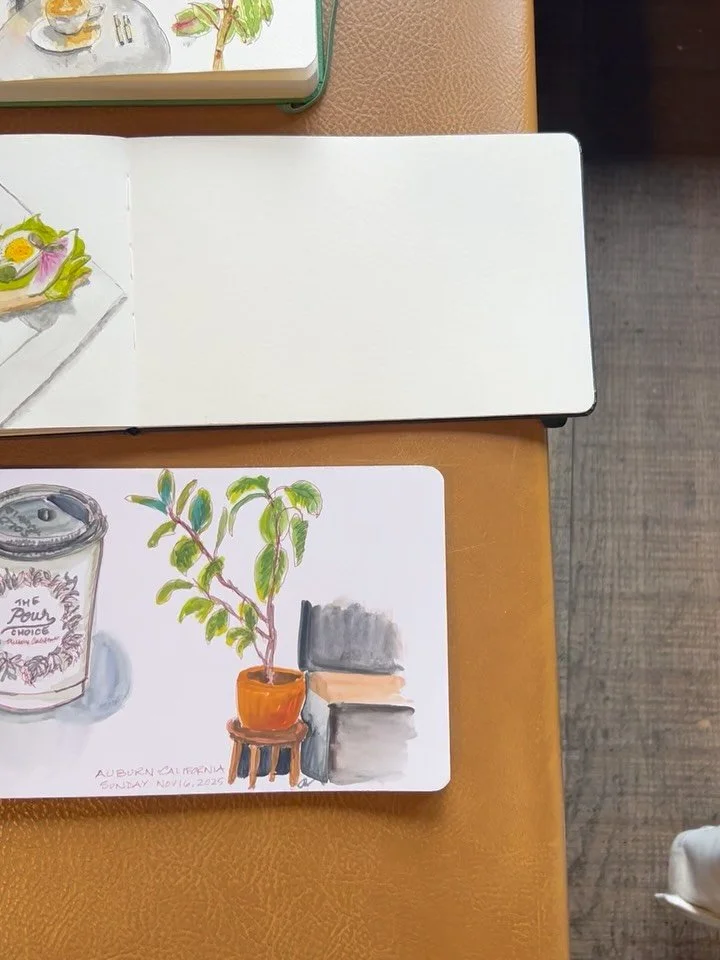 Despite the rain, we had fun sketching indoors @urbansketcherssacramento! This time we were at The  Pour Choice in Auburn, which had beautiful interiors for us to sketch. I gave myself a challenge by trying to draw a full interior scene with moving p