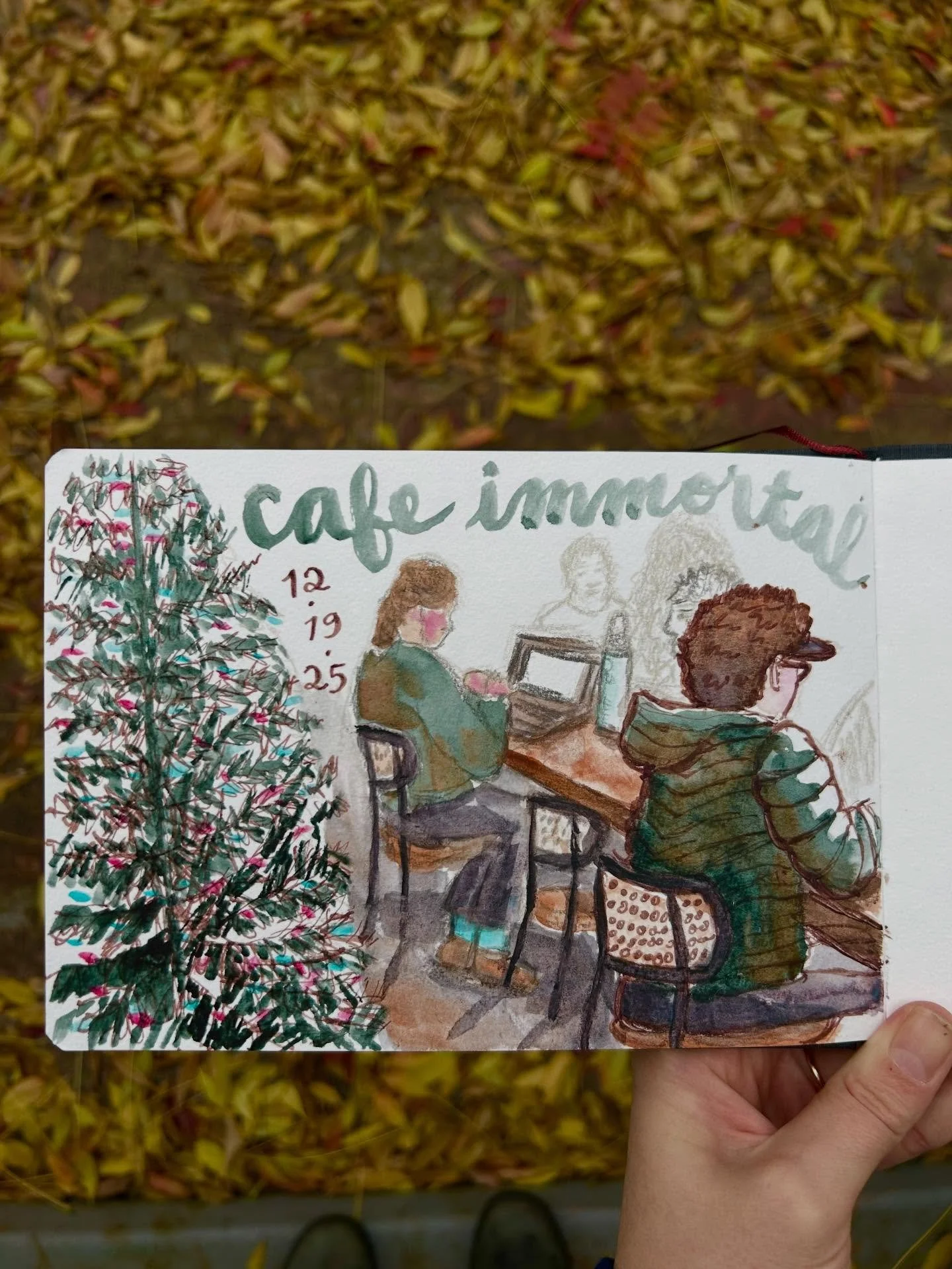Cafe Immortal was playing some bangers from Yes and getting me in the holiday spirit. I had fun experimenting with pushing things to the background by switching to lighter gray colored pencils. Also, I&rsquo;ve been trying more wet-on-wet techniques 