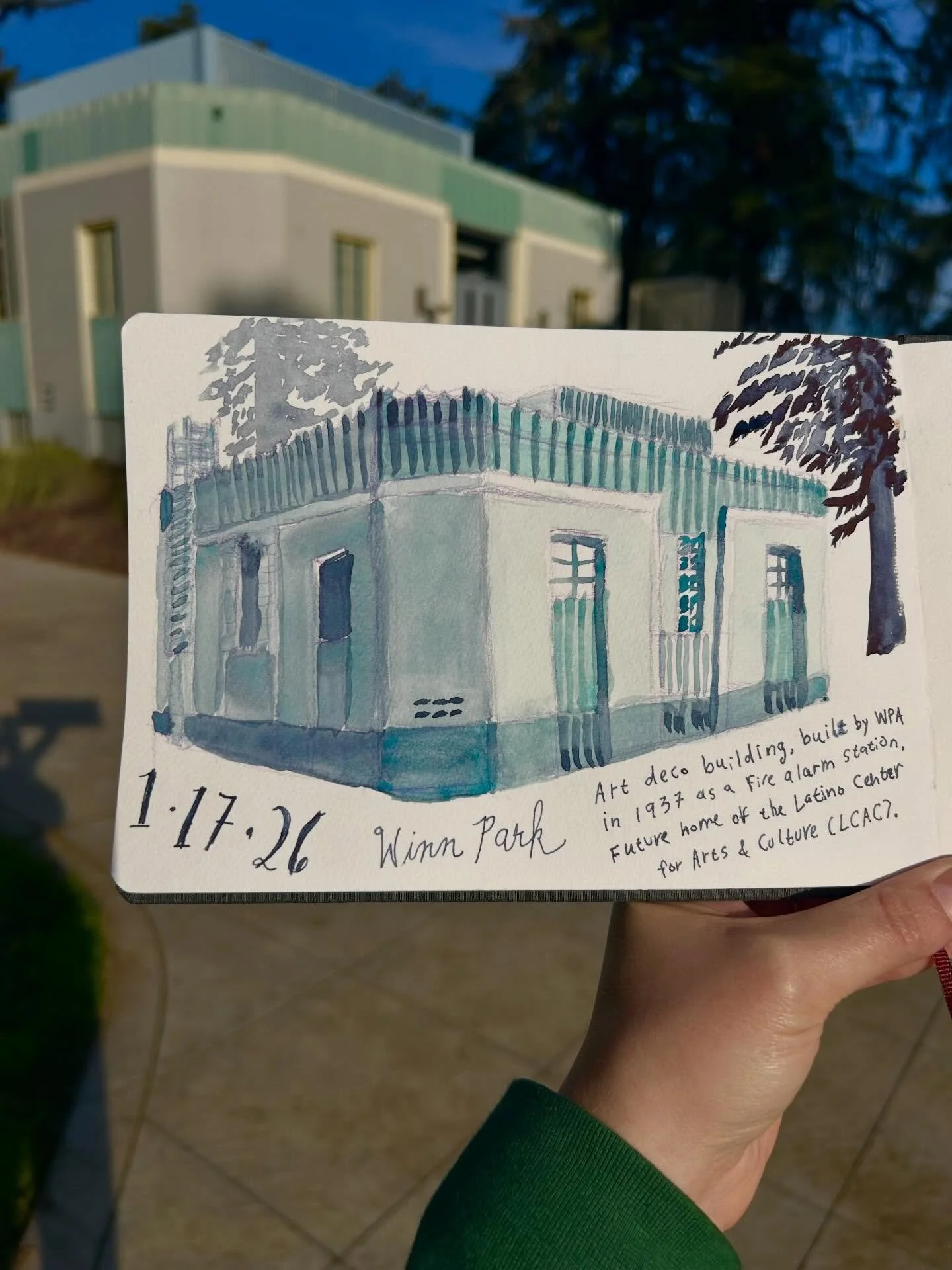 When the fog cleared yesterday, I spent a sunny afternoon getting to know this cool art deco building in Winn Park. Apparently it was built in 1937 by the Works Progress Administration (WPA) as a fire alarm station. And now it&rsquo;s being renovated