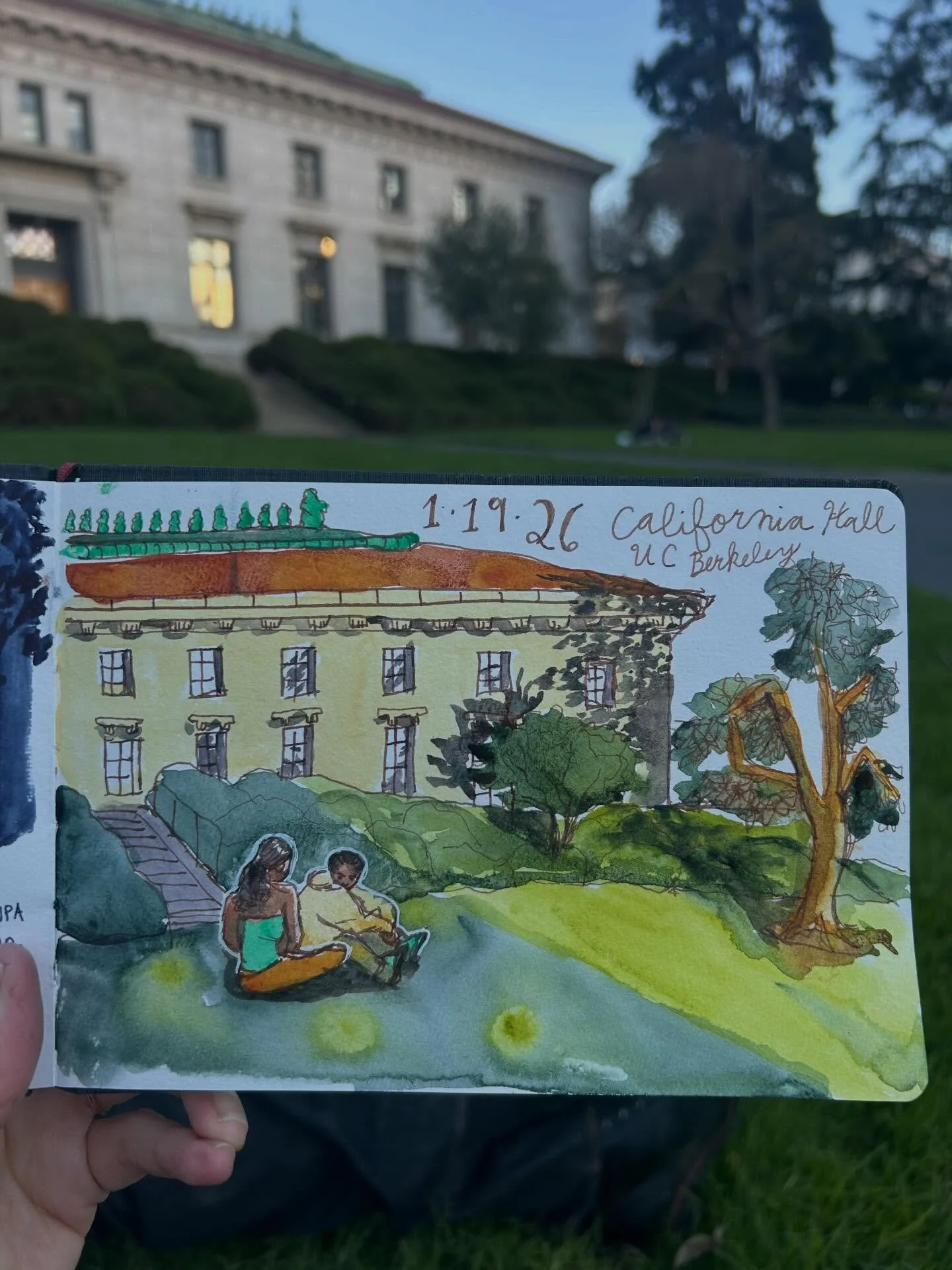 I had so much fun biking to the Amtrak and riding to Berkeley yesterday. I sketched California Hall at UC Berkeley as the sun cut across in diagonal rays. Students chatted about professors and called after a poodle named Cookie. I enjoyed playing aro
