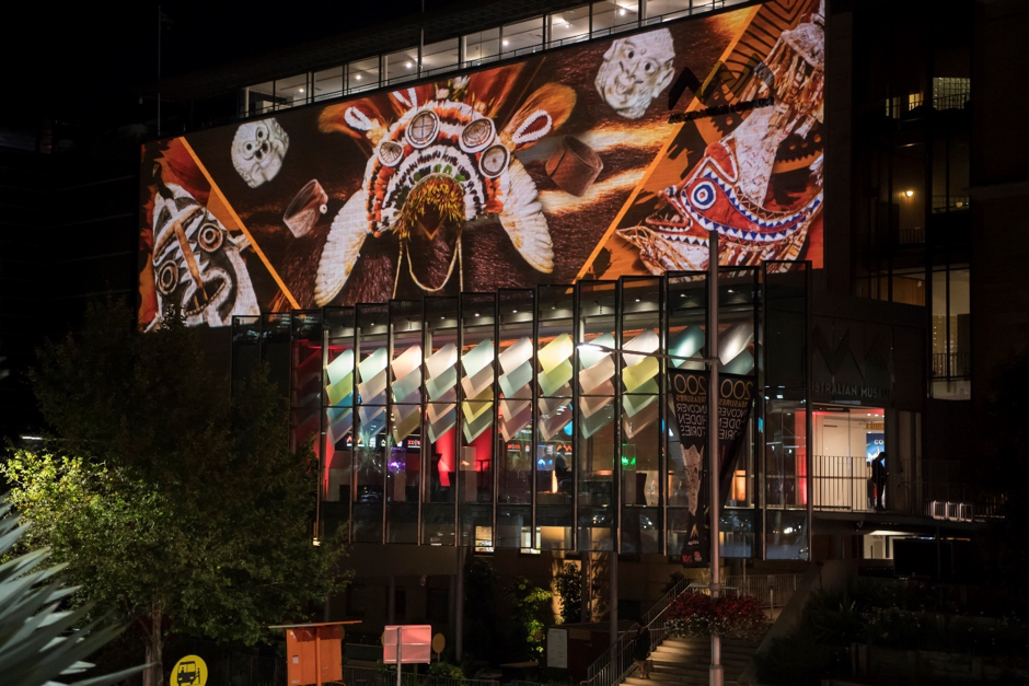 200 Treasures Up in Light large scale light projection on the William Street facade