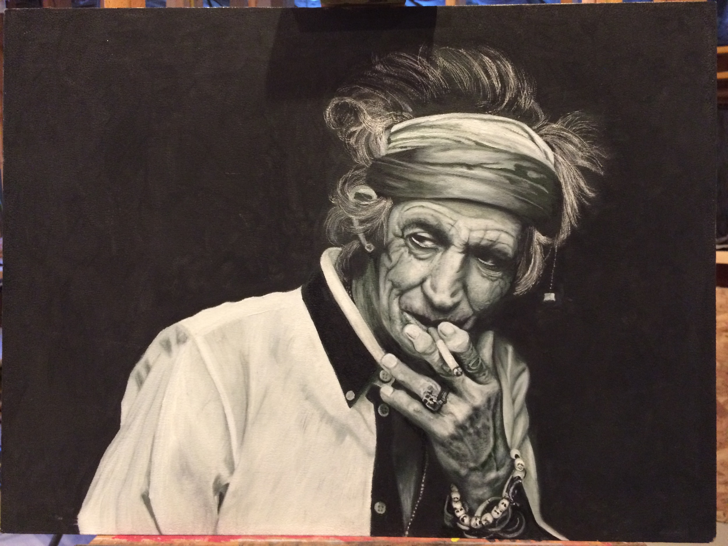 One of Kathy's paintings - Keith Richards here in verdaccio before she added the color glaze.