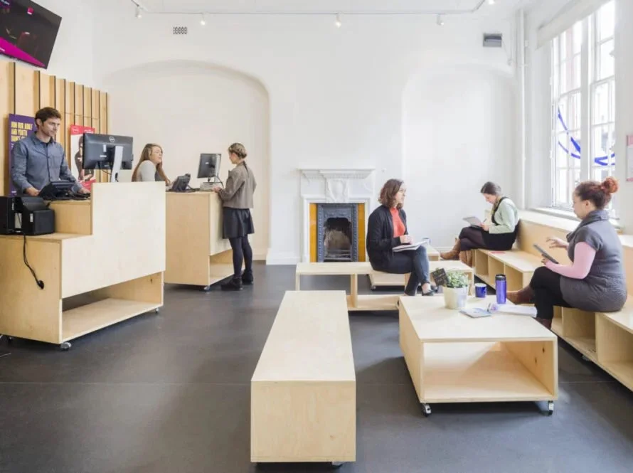 Movable and static reception furniture: Redesign and fit of the reception area for &lsquo;the UK's leading centre for dance development, @theplacelondon 

Key features of the redesign: 
- Birch ply and metal 
- Flexible, movable chairs for dynamic sp