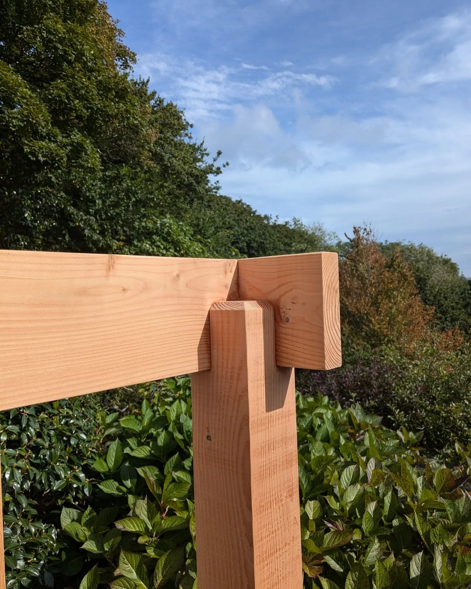 Raised deck with an integrated pergola! Perfect for enjoying the Cornish weather come rain or shine. 〰️

Crafted from locally grown Douglas fir, this space features steps leading down to create a versatile outdoor area. The bespoke metal railings wer