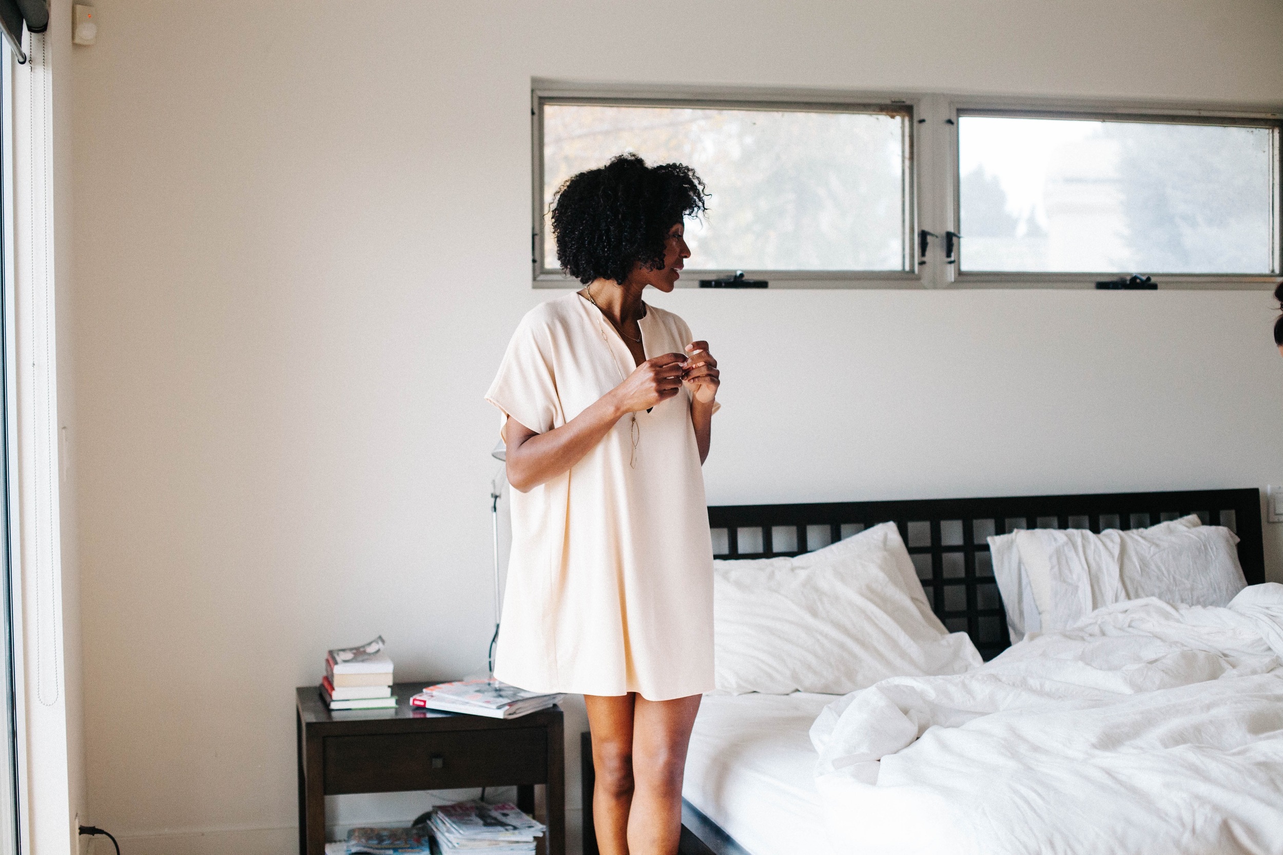I'm wearing this oh so simply chic and comfy dress by American Apparel in blush. I can rock it with a leather jacket and cognac ankle boots or lounge in it all day on a lazy Sunday.