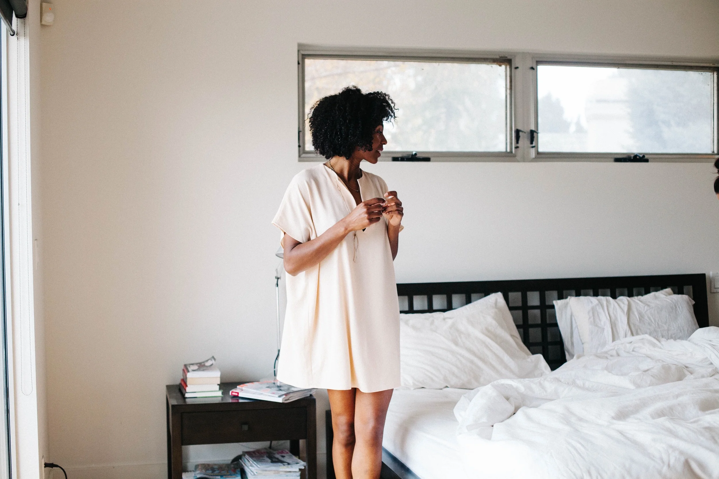 I'm wearing this oh so simply chic and comfy dress by American Apparel in blush. I can rock it with a leather jacket and cognac ankle boots or lounge in it all day on a lazy Sunday.