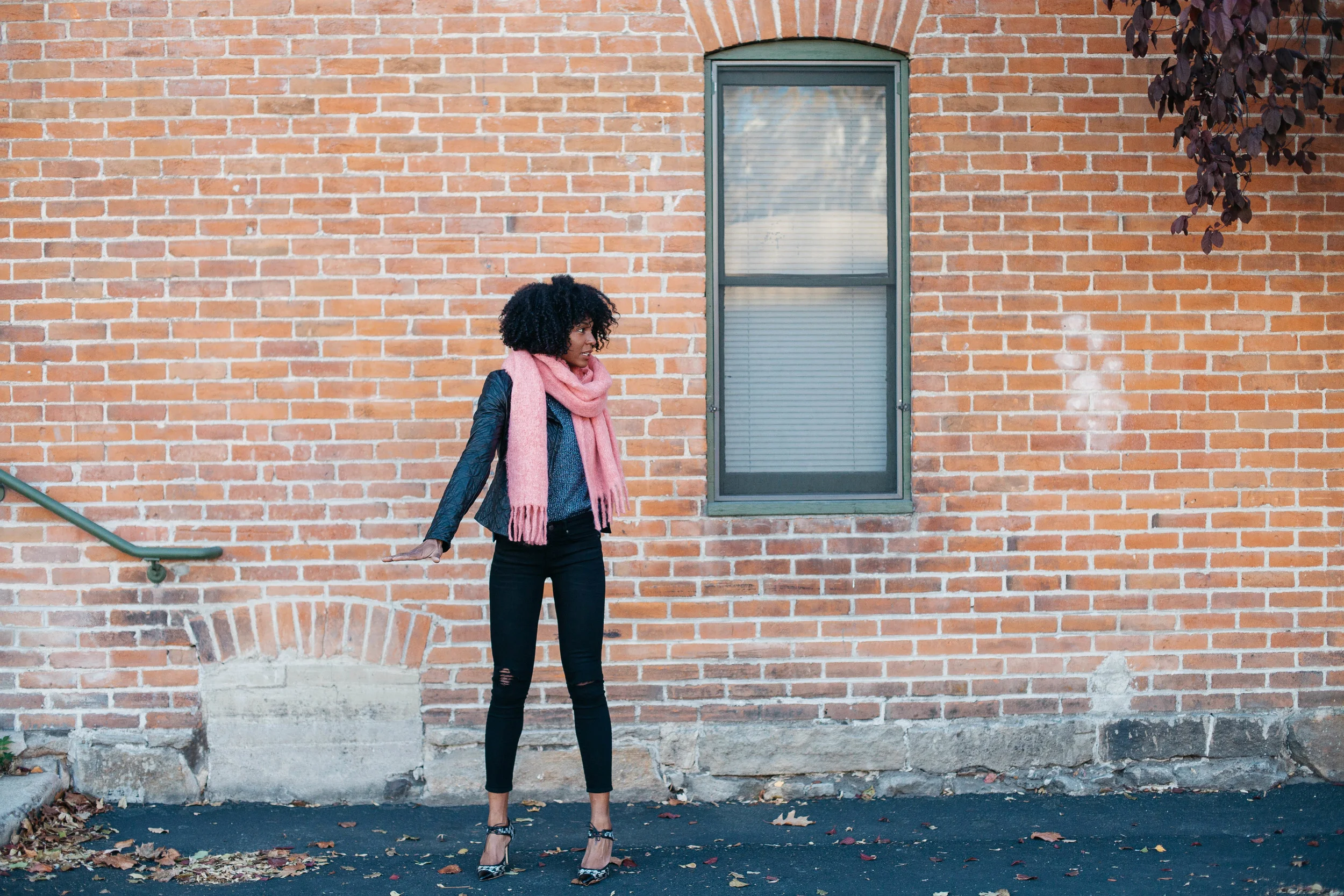 Pastel tones like this yummo melon brushed scarf works well to soften the navy and black.