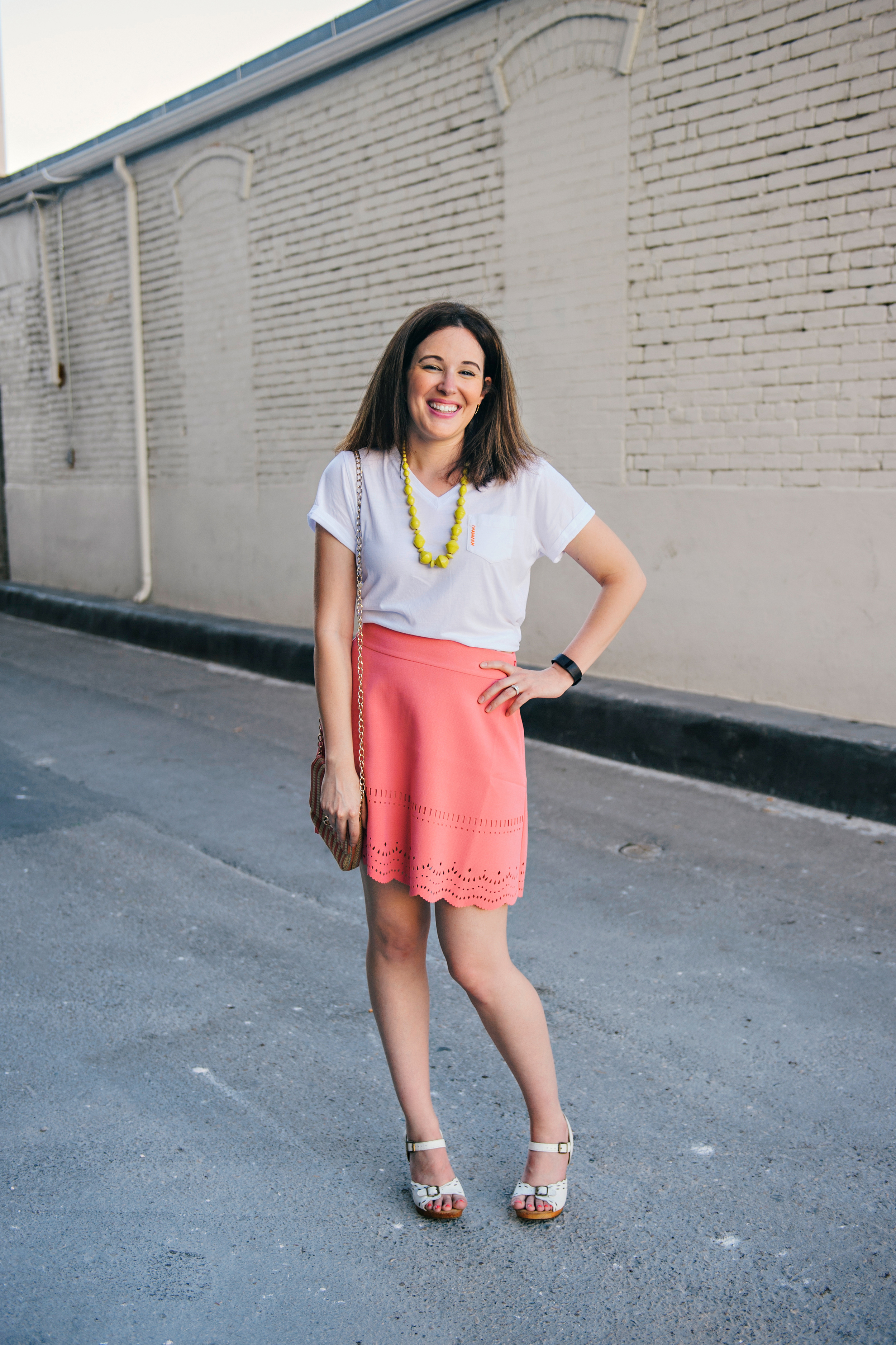Kauuttee!! This pop of happy colors on Ashley with the coral skirt and yellow Bit necklace gets me Summer mode ready.&nbsp;