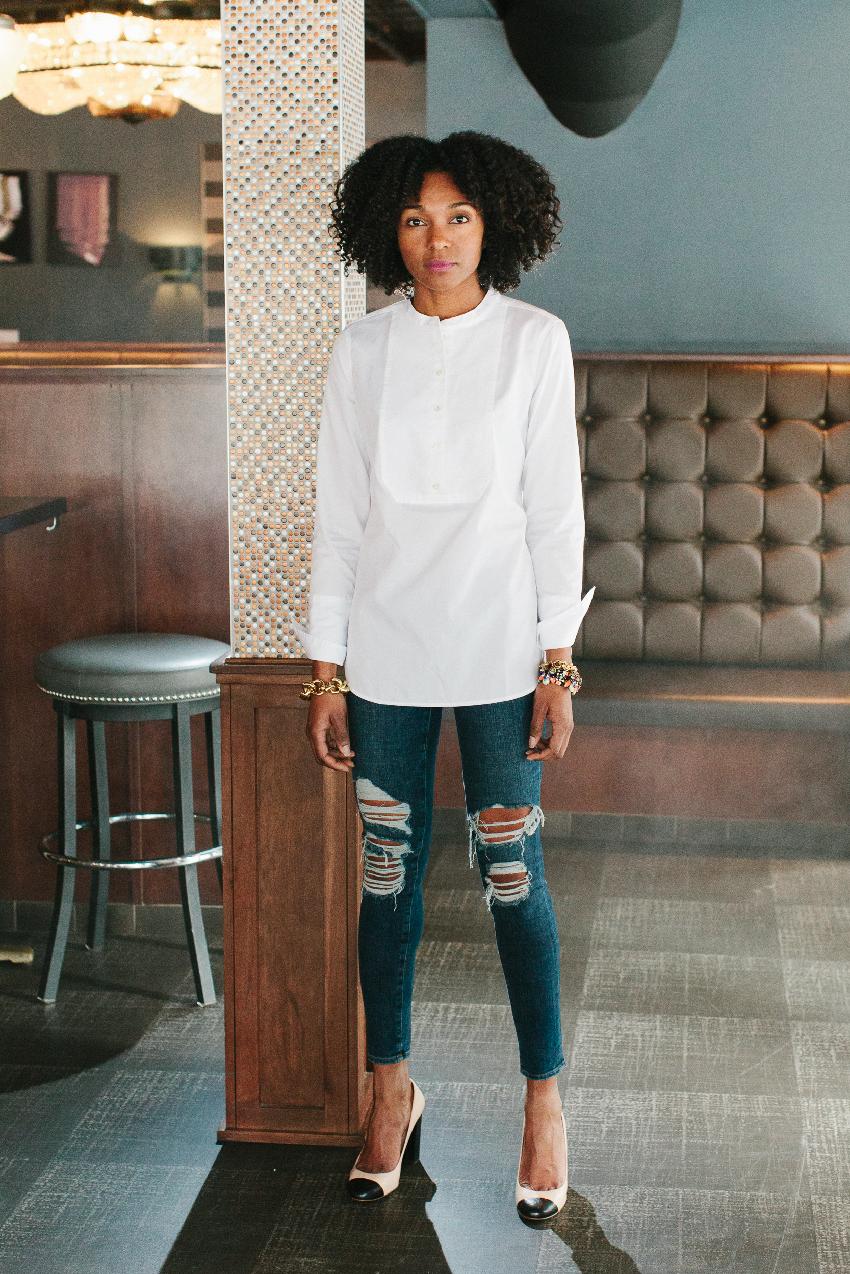 Shirt + pumps: JCrew Denim: Frame 