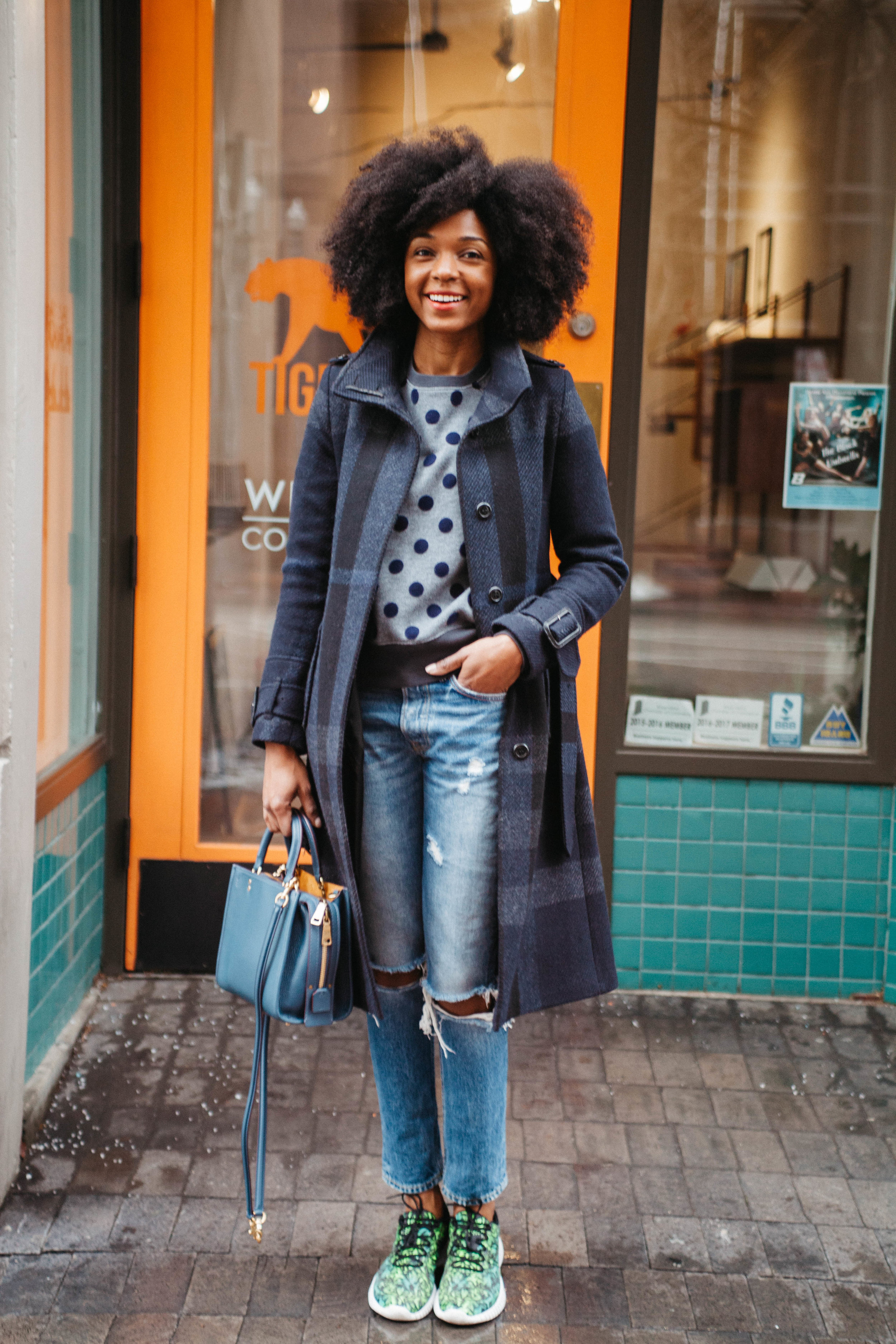 Coat: Burberry Sweatshirt: JCrew Jeans: Grlfrnd ( Fancy Pants) Sneakers: New Balance Bag: Coach